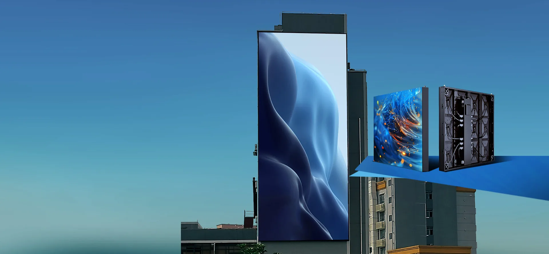 Visualeader LED display cabinet mounted on a building facade